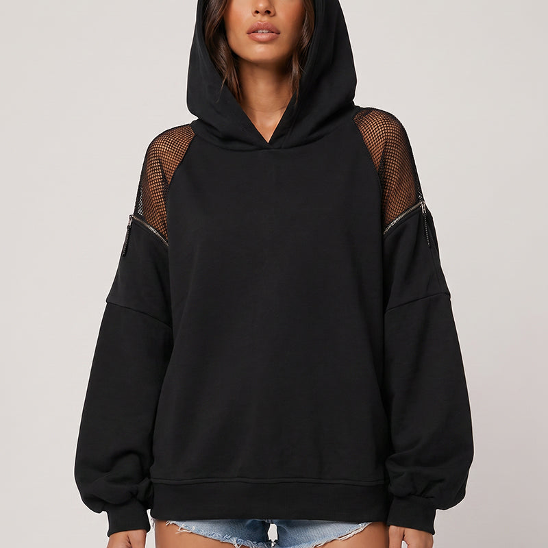 Hooded sweatshirt with mesh panels and zipper detailing