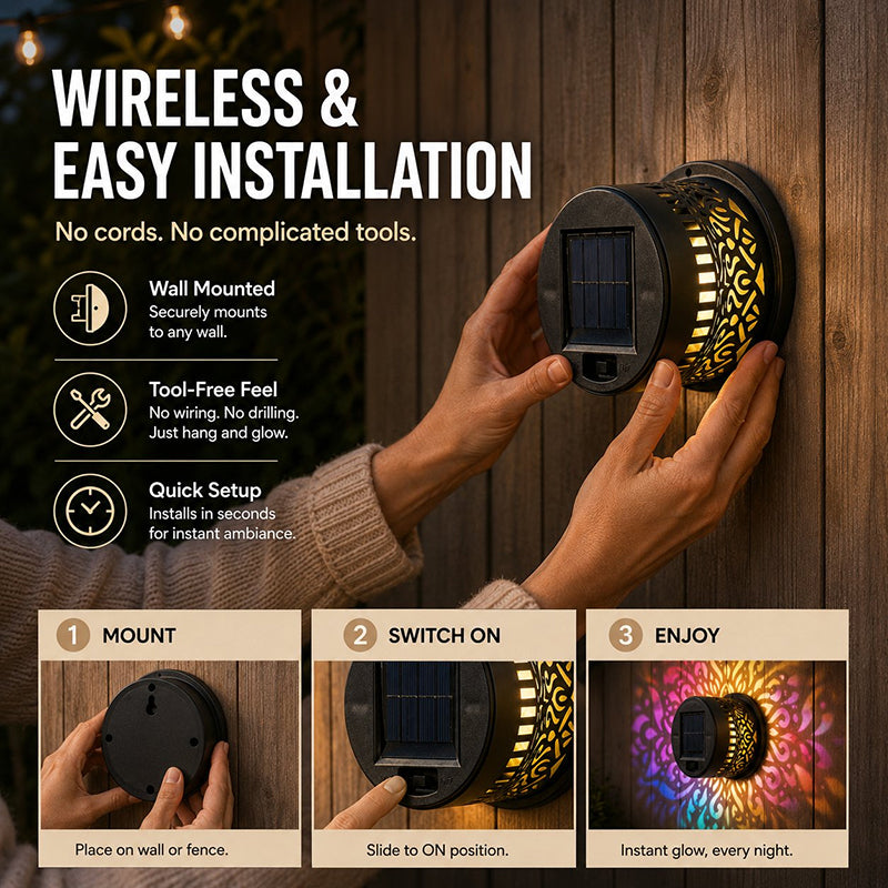 Solar Mandala Wall Light Outdoor Garden Fence Projector Lamp