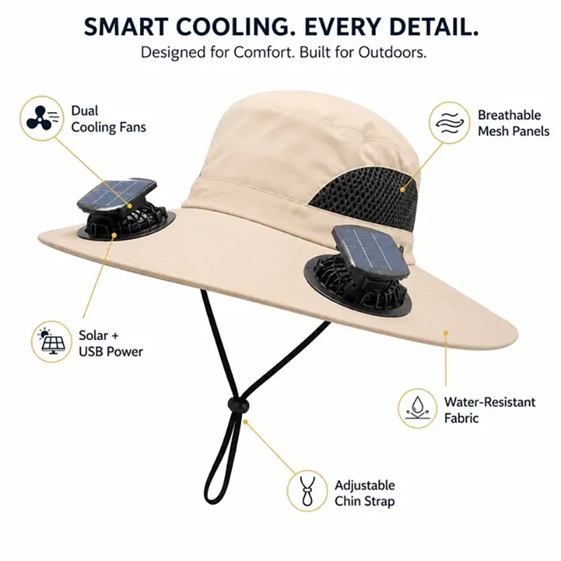 Solar-powered outdoor cooling fan hat