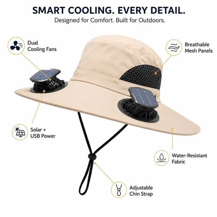 Solar-powered outdoor cooling fan hat
